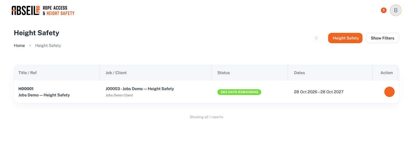 The Ropr height safety reports list on a laptop, with the days remaining before recertification