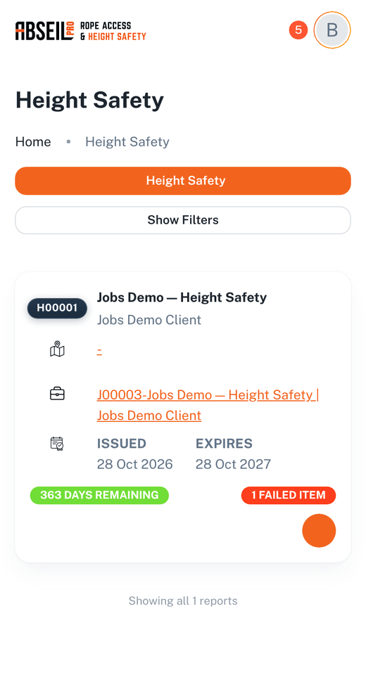 The height safety reports list on a phone