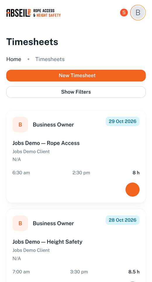 The timesheets list on a phone